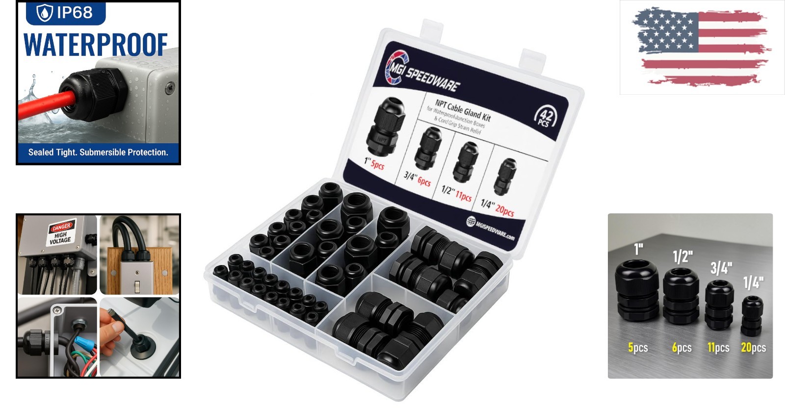 Assorted 42-Pc NPT Cable Gland Kit - Durable Strain Relief for Electrical Needs
