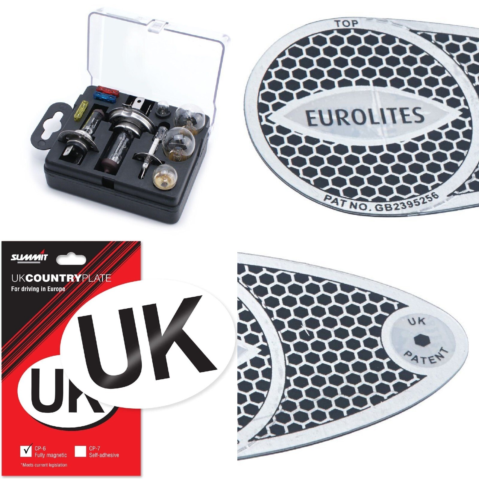 Travel Car Spare Bulb & Fuse Kit & UK Sticker & Pair Eurolites Beam Benders