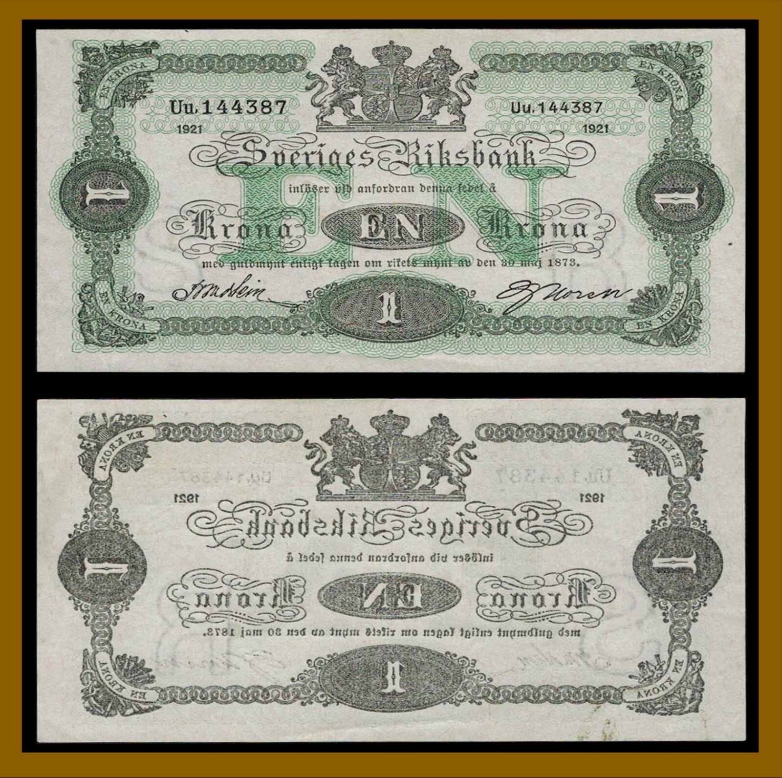 Sweden 1 Krona, 1921 P-32h Code of Arm Prefix UU Au