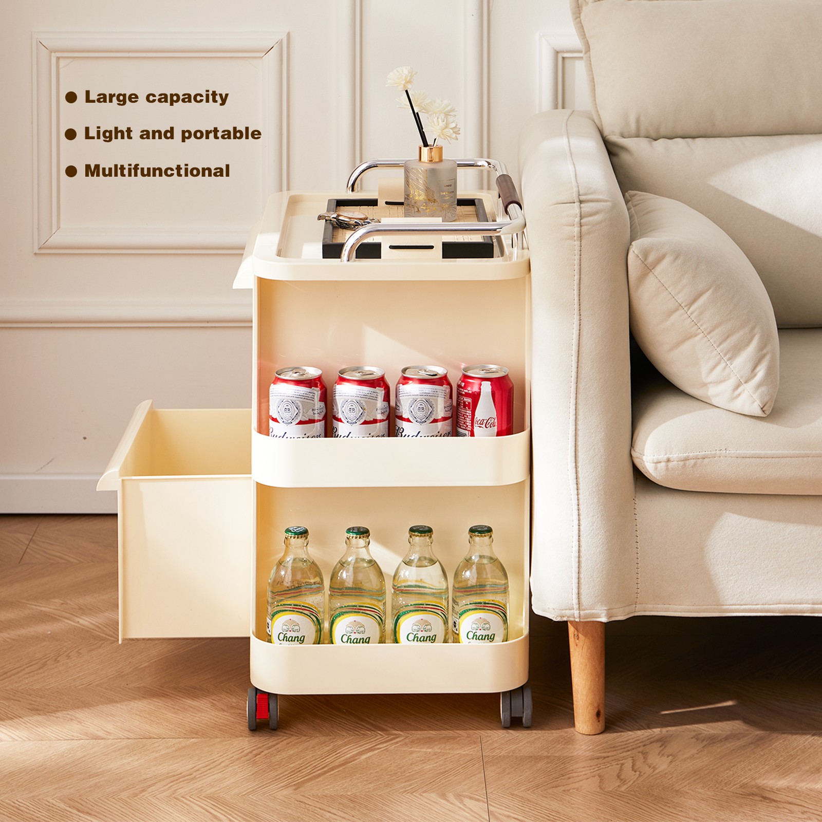 Narrow Rolling Utility Cart with Drawers 2-Tier Open Shelves, Lockable Casters