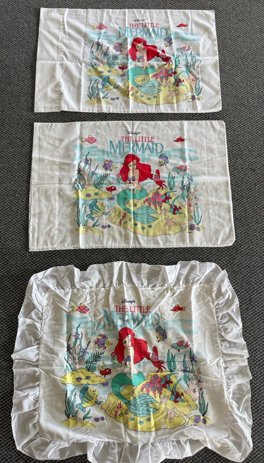 VTG 90s Disney The Little Mermaid Ariel Cotton Pillowcases (3) Rare READ