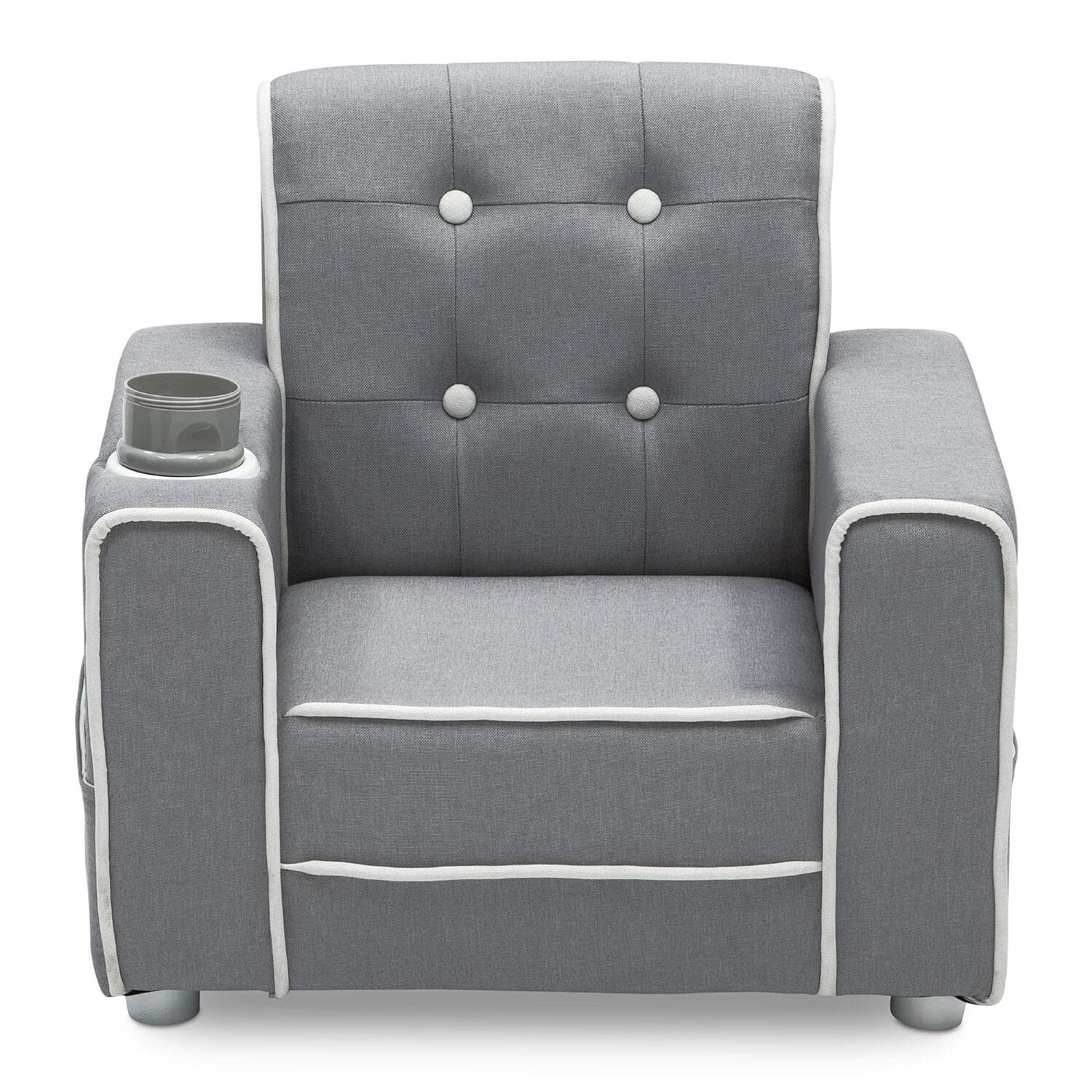 Soft Grey Kids Upholstered Chair with Cup Holder - Durable & Convenient Storage