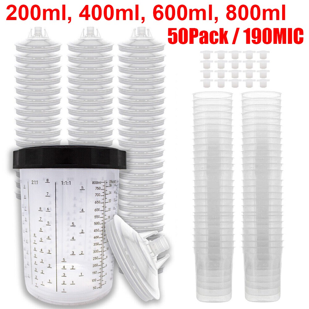 50Pack CUPS Disposable Paint Spray Gun Cup Liners and Lid System (190 Micron)