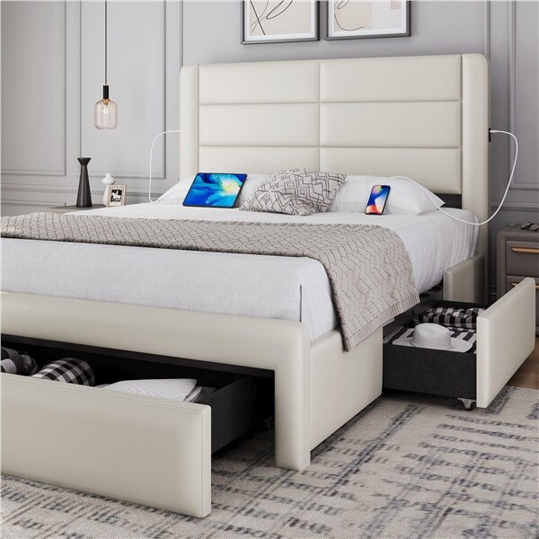 Upholstered Bed Frame with 3 Storage Drawers and Built-In USB Ports Beige