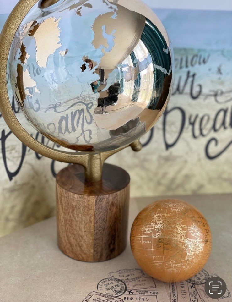 15 in. Gold Wood Decorative Globe with Brown Base