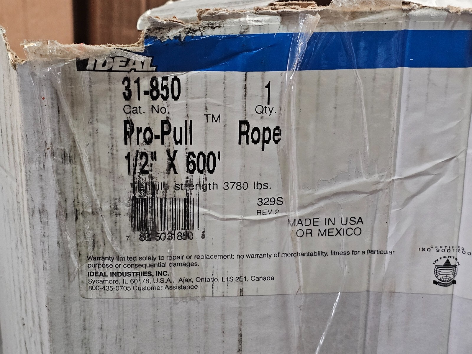 Ideal 1/2" Diameter X 600 Ft Long Pro-Pull Polypropylene Rope Blue/Yellow 31-850