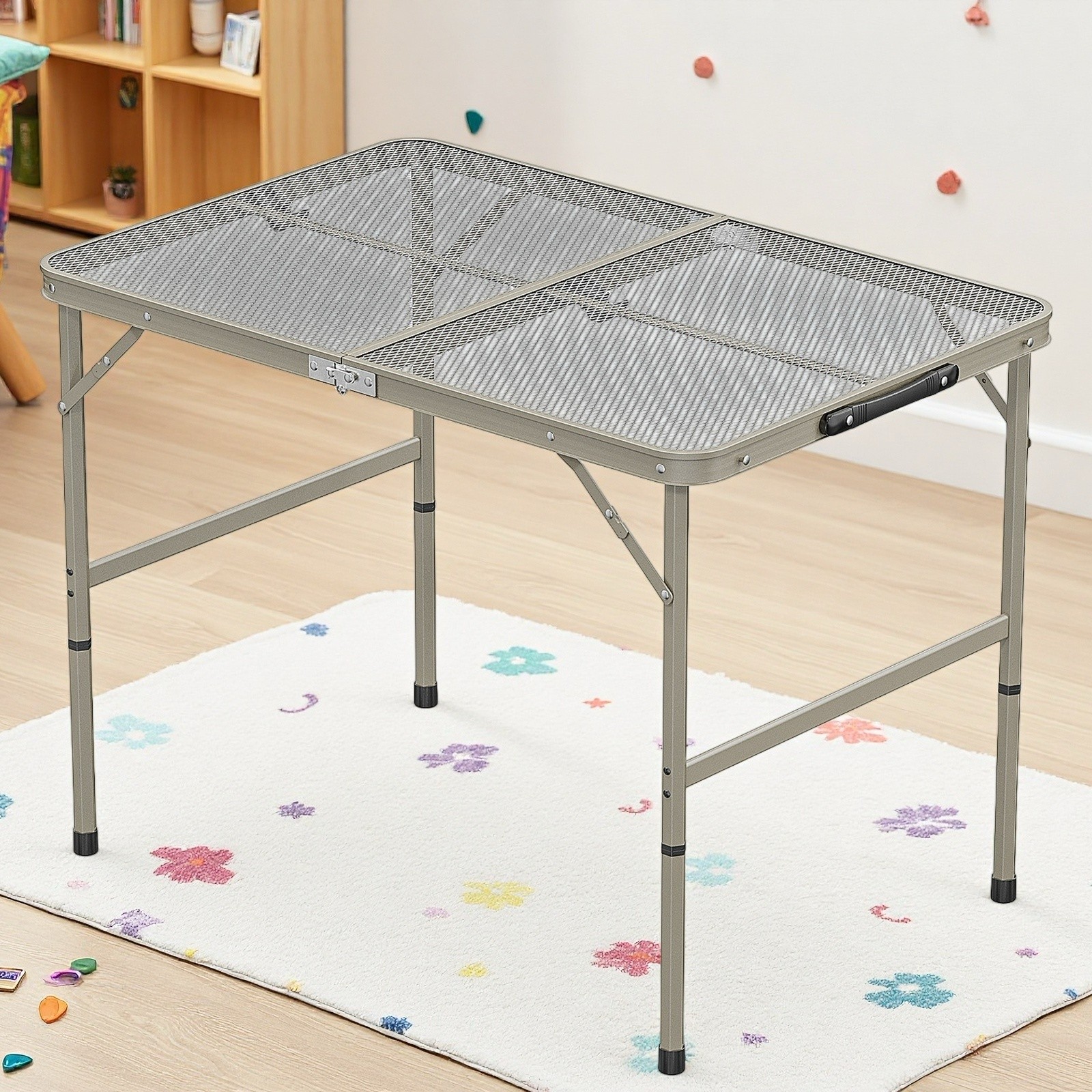 3ft Folding Camping Wire Mesh Table - Adjustable Aluminum Frame Picnic Dark Gray