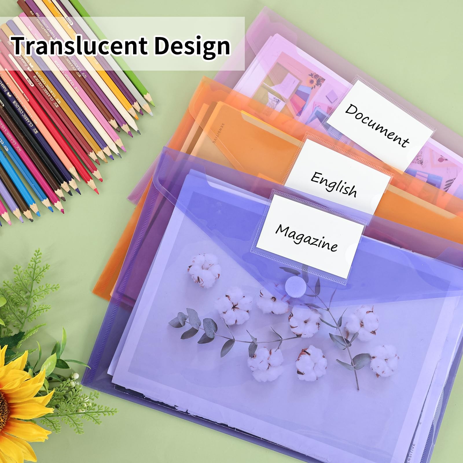 30 Pack 10 Color Plastic Envelopes Poly Envelopes, Hook & Loop Closure File F...