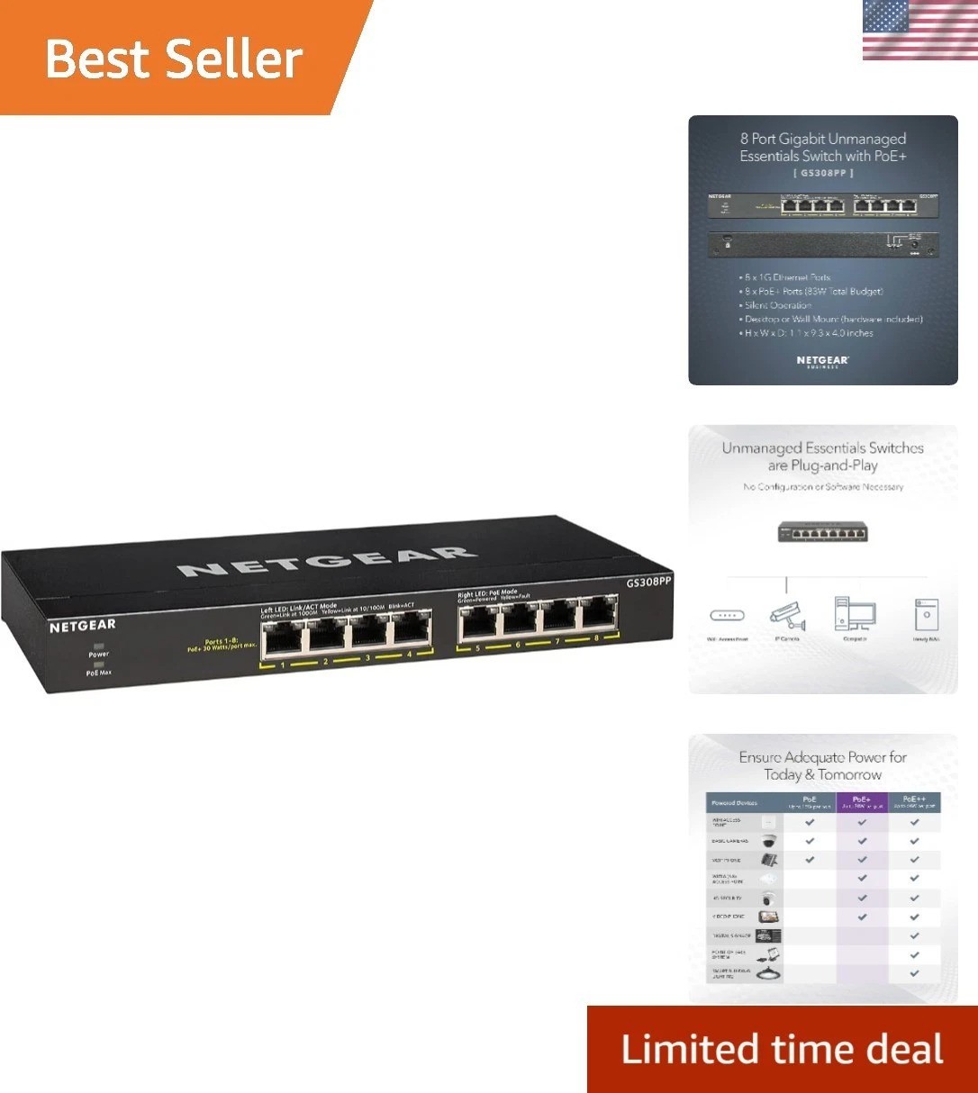 8-Port PoE+ Gigabit Ethernet Unmanaged Essentials Switch GS308PP - with 8 x P...