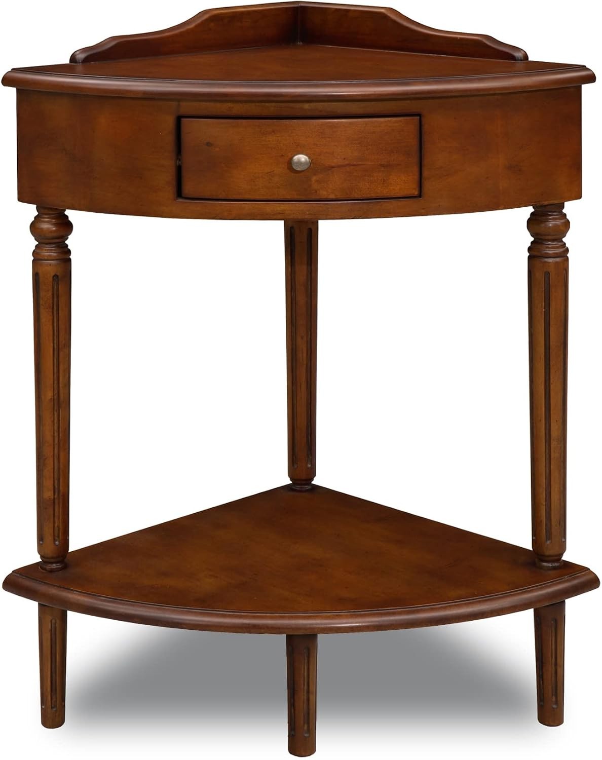 Coastal Solid Wood Corner Wedge Table with Drawer, Rich Pecan Brown,  for