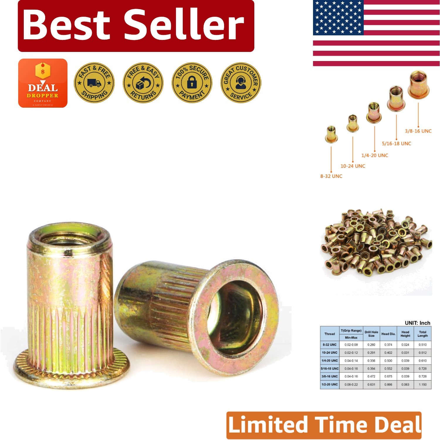 100 Piece Rivet Nut Set - 1/4-20UNC Carbon Steel with Zinc Plated Finish