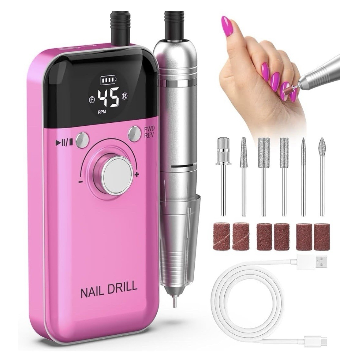 Professional Nail Drill Polisher PINK 45000rpm Portable Rechargeable Manicure
