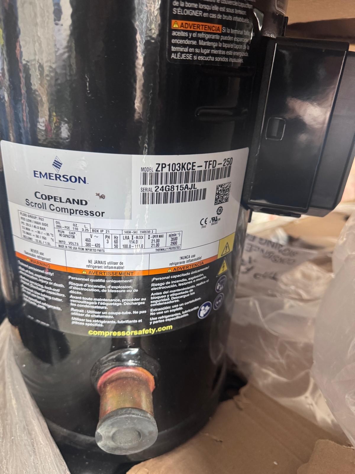 NEW COPELAND ZP103KCE-TFD-250 SCROLL COMPRESSOR 8.5 TON 460V 3PH R410A