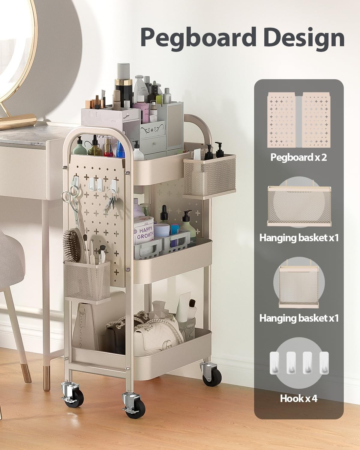 Multi-Purpose Rolling Cart with 3 Shelves, Pegboards, & Lockable Wheels in Khaki
