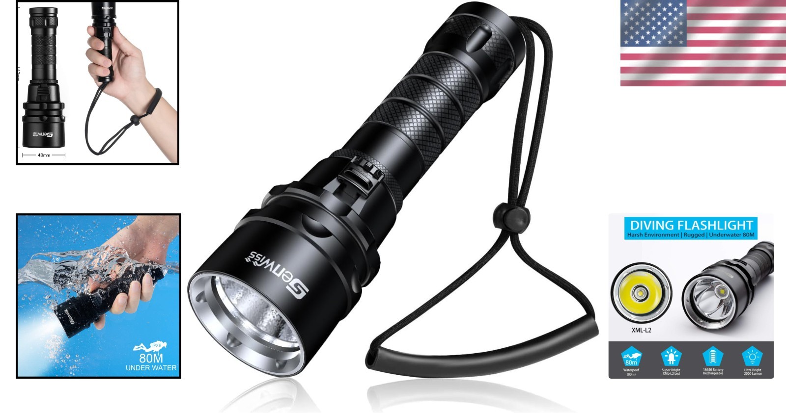 Compact 2000lm Underwater LED Light/`