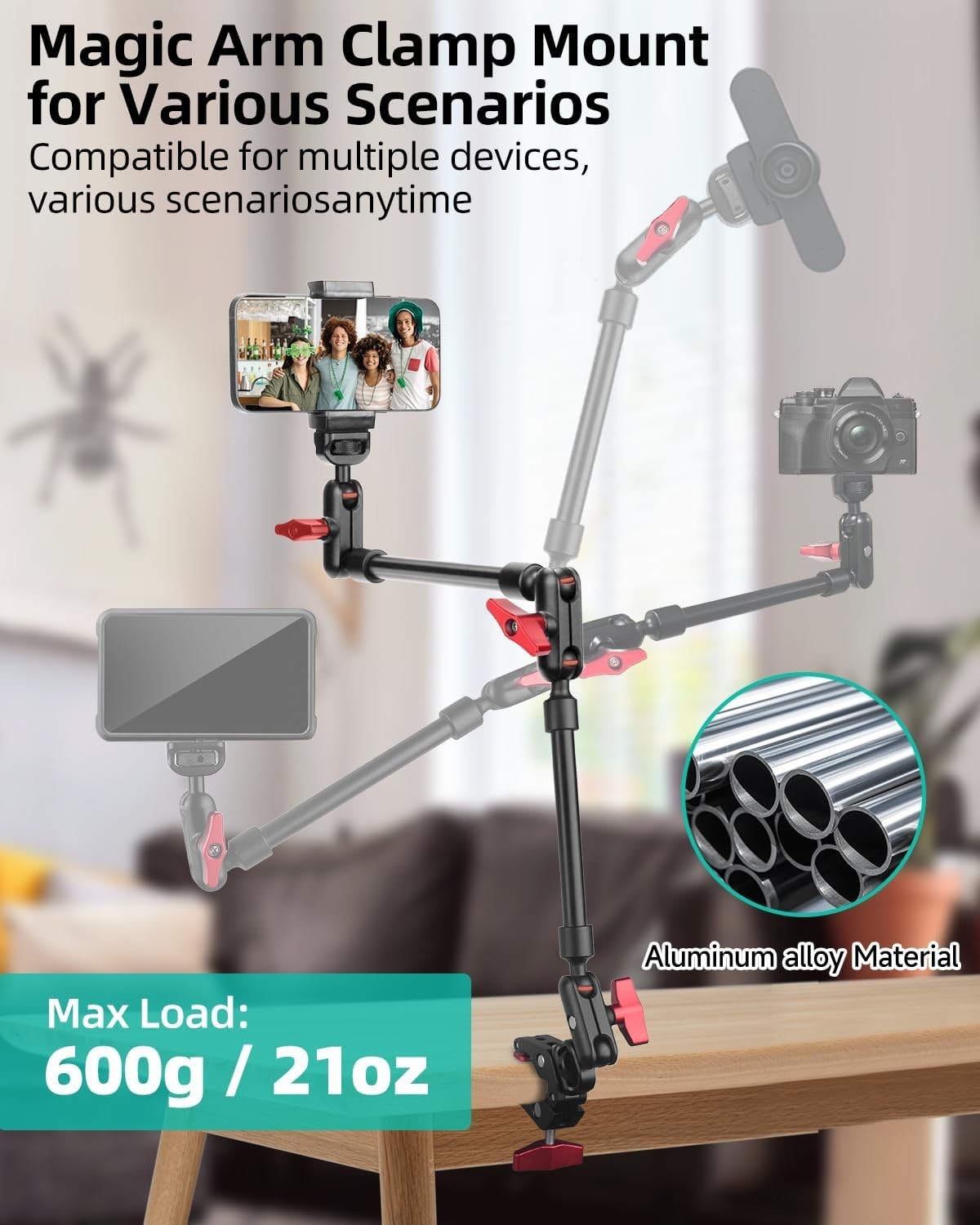 22" Adjustable Magic Arm with Clamp for Smartphone & Action Camera Mounting