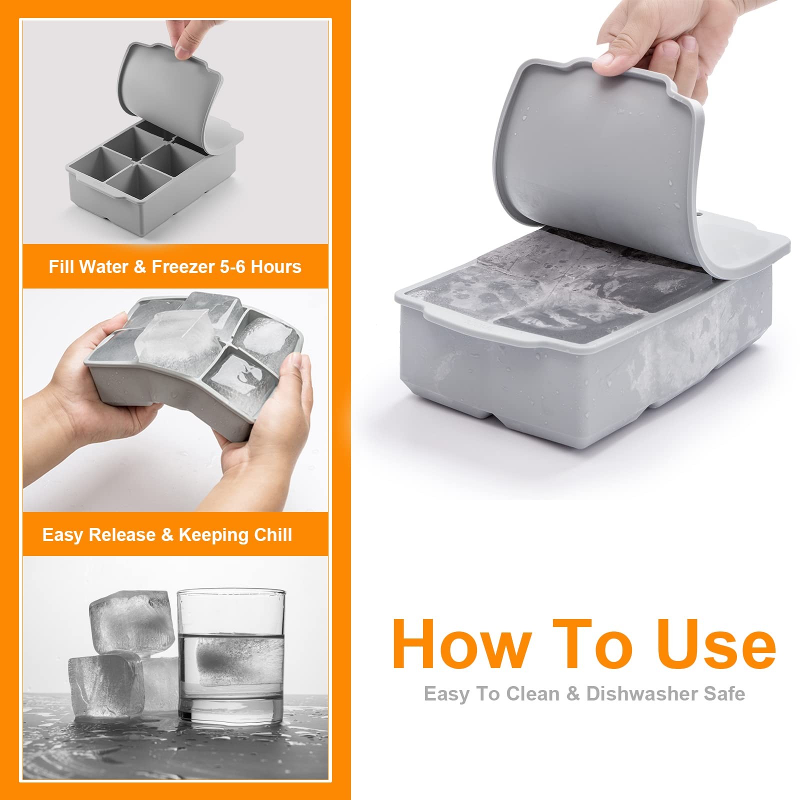 Nax Caki Large Ice Cube Tray with Lid, Stackable Big Standard, Grey(1 Pack)