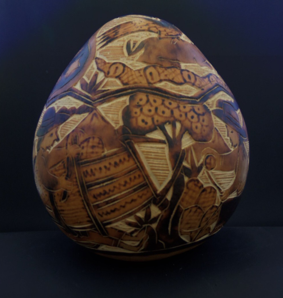 Hand Carved Peruvian Gourd Sun Moon Bird Jaguar, Snake, Pyramids, Alpacas