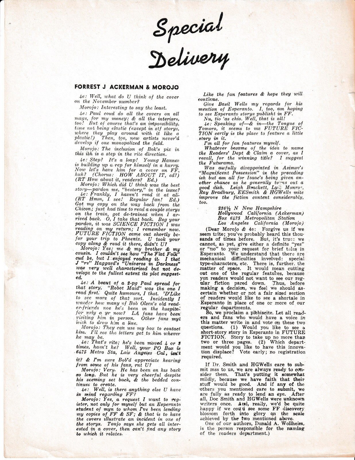 SPECIAL DELIVERY unbound page from Forrest Ackerman's VOICE OF THE IMAGI-NATION!