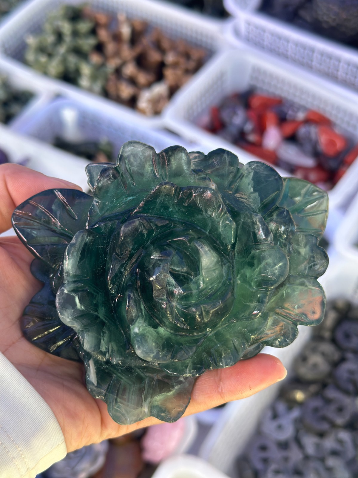1pc Natural green fluorite Quartz Carved peony flower Crystal Reiki healing gift