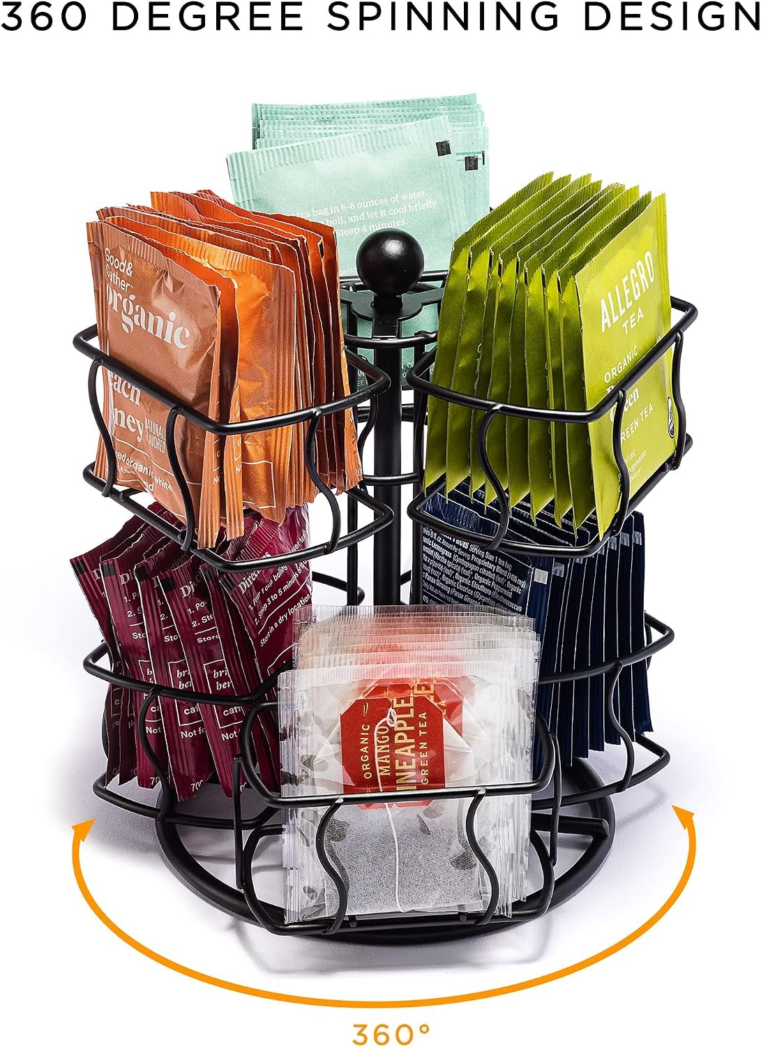 Tea Bag Spinning Carousel Tea Caddy Organizer Countertop Holds 60 Bags