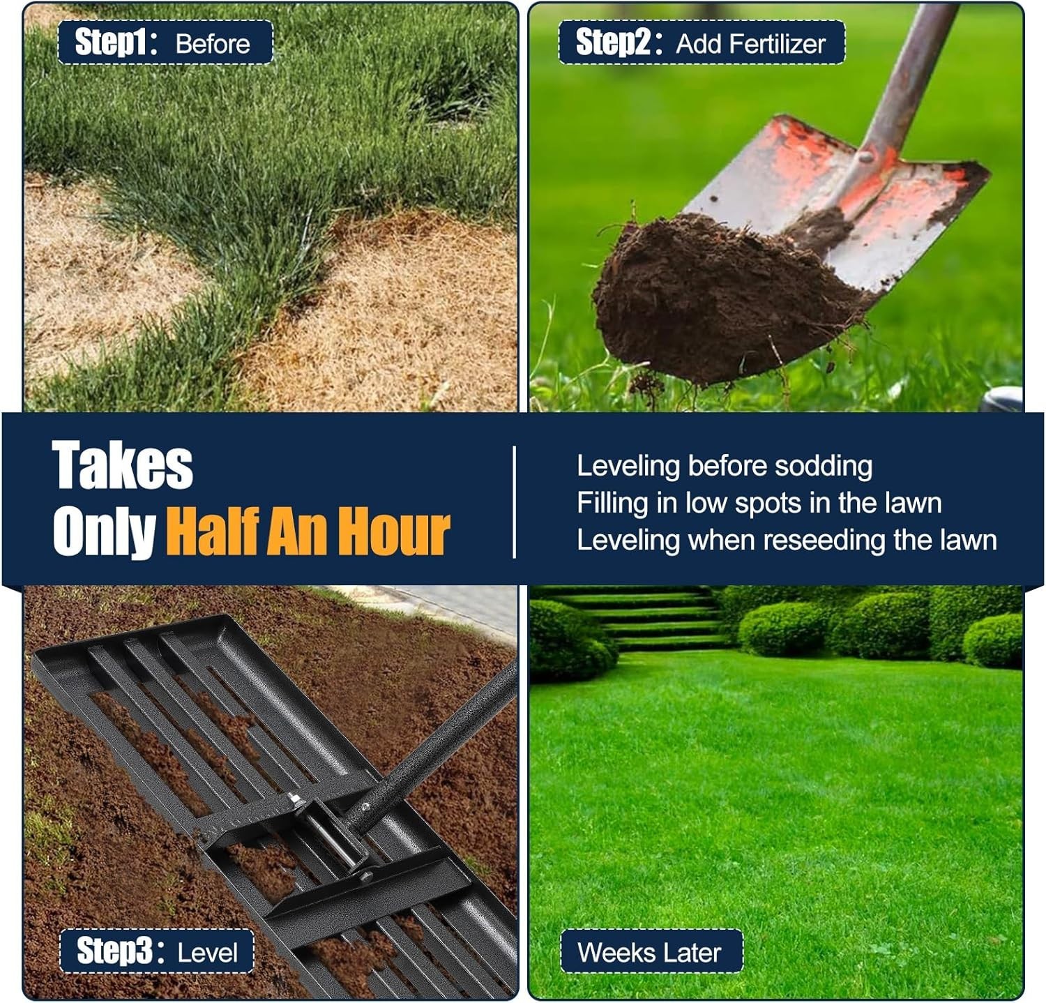 Heavy-Duty Lawn Leveling Rake 30x10in with 80in Adjustable Handle - Rustproof