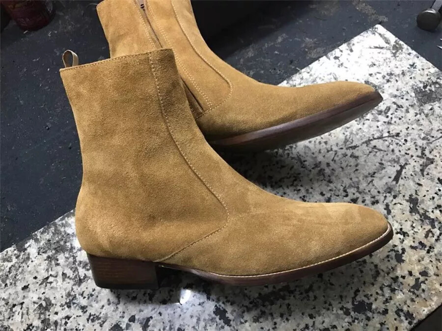 Handmade Men Beige Suede Ankle Boots, Men Side Zipper Boots, Men Ankle Boots