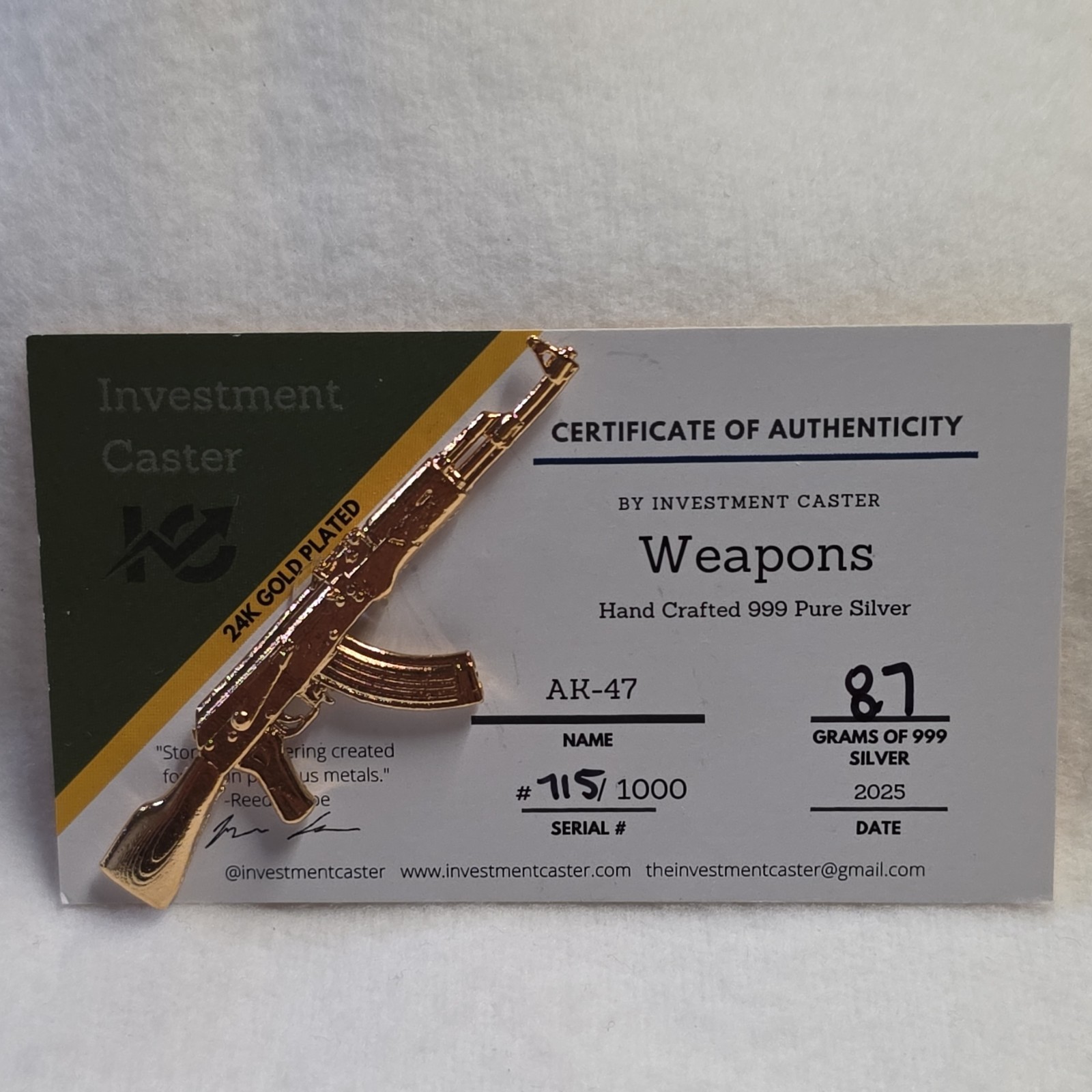 Investment Caster AK-47 made of 8.7 grams of .999 Fine Silver, 24K gold plated