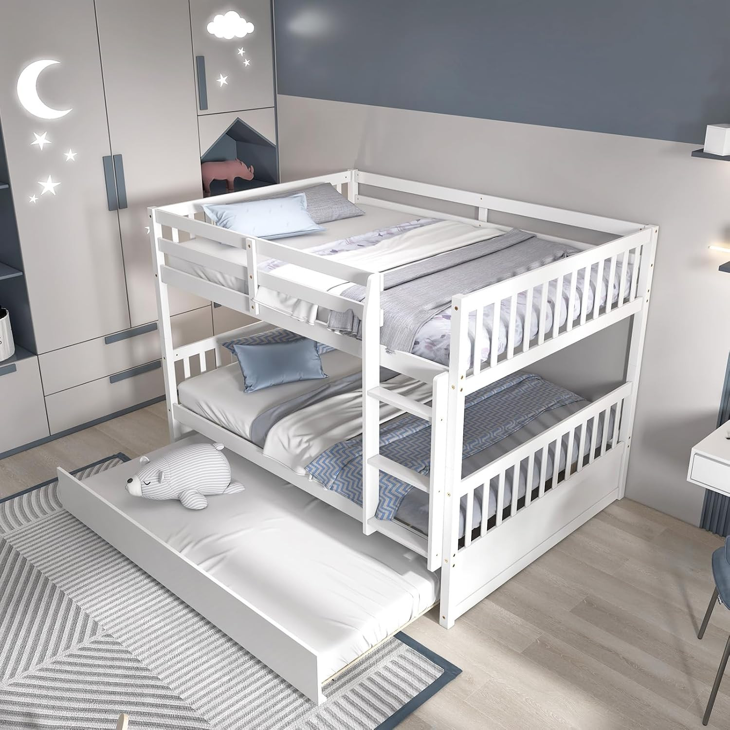 Full over Full Bunk Bed with Trundle, Solid Wood Trundle Bed Frame W/Guardrails