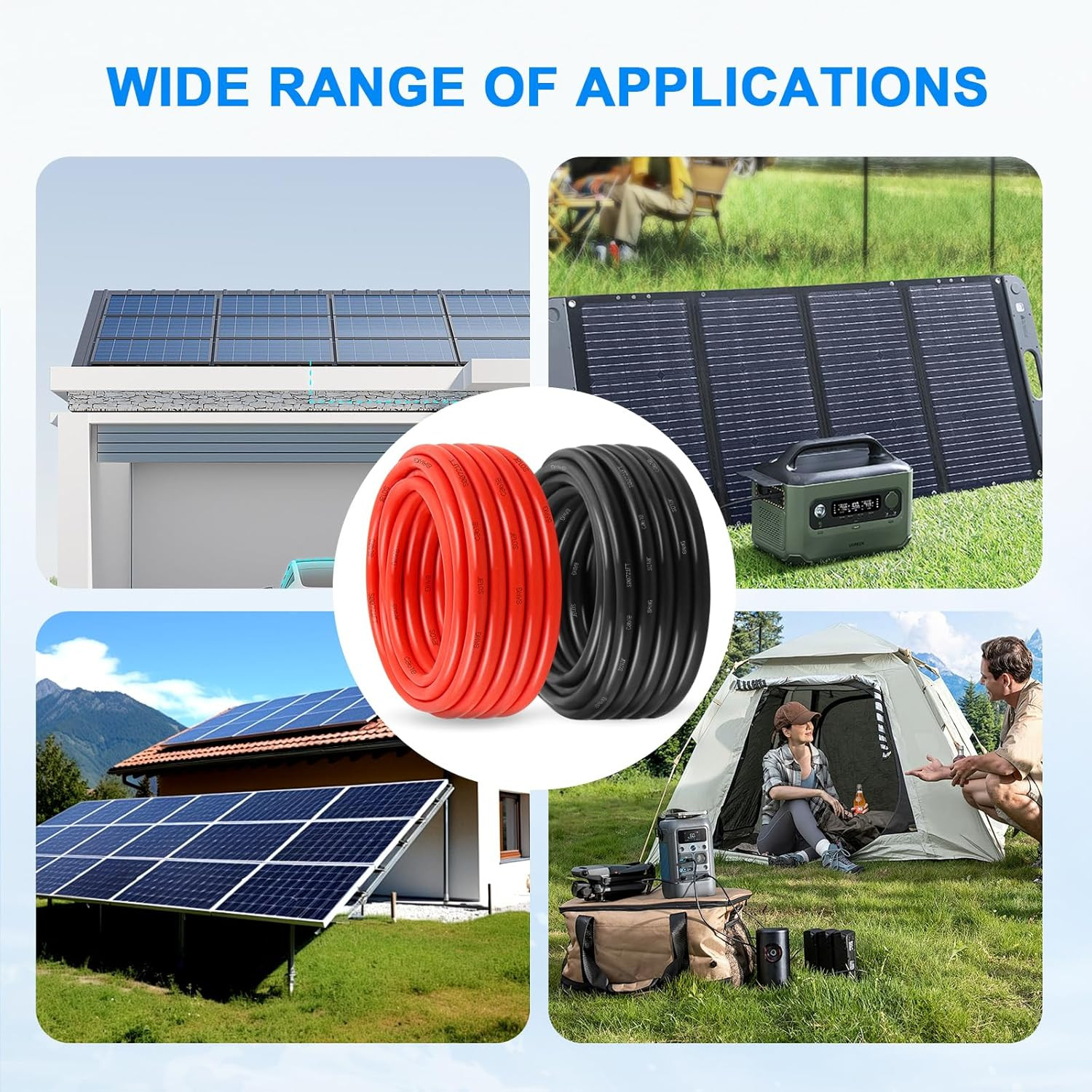 8AWG Solar Panel Wire 10mm², 2 Pack 50FT Red & Black Solar Extension Cable, PV W