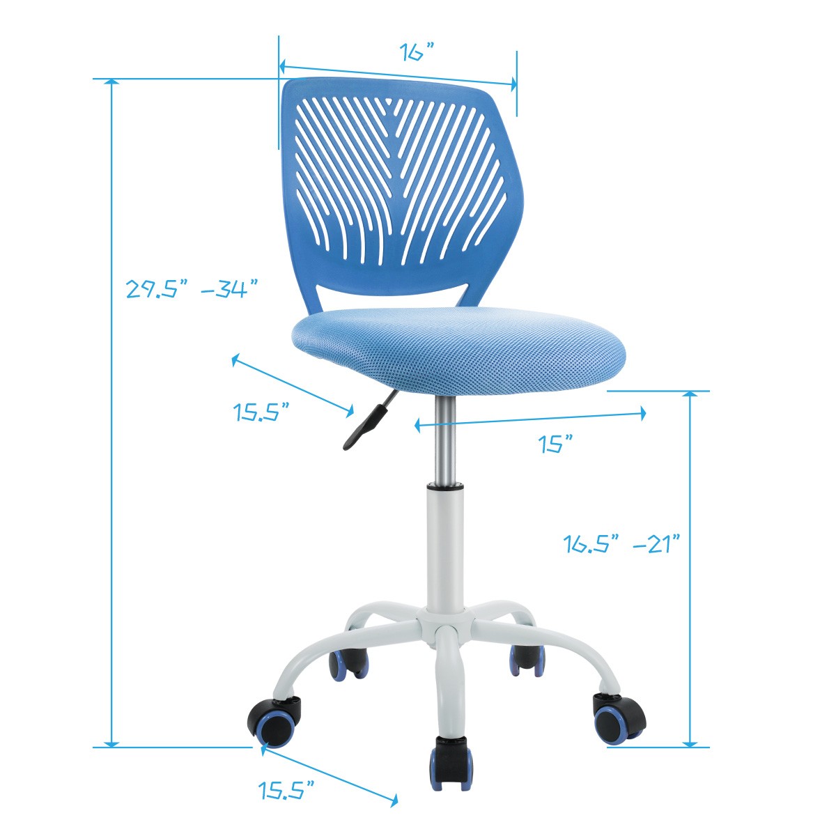 Office Task Desk Armless Chair Adjustable Mid Back Swivel Study Chair Blue