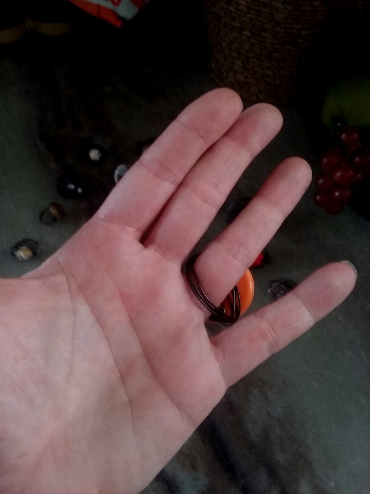 Large Wire Wrapped Statement Ring, Orange Disc with Ball Charm, Size 8, NEW