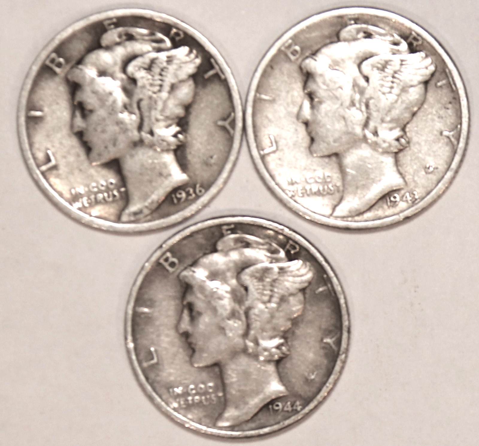 (3) Mercury Dimes - Fine/VF - 1936 1943 1944 - #5183ED - FREE SHIPPING
