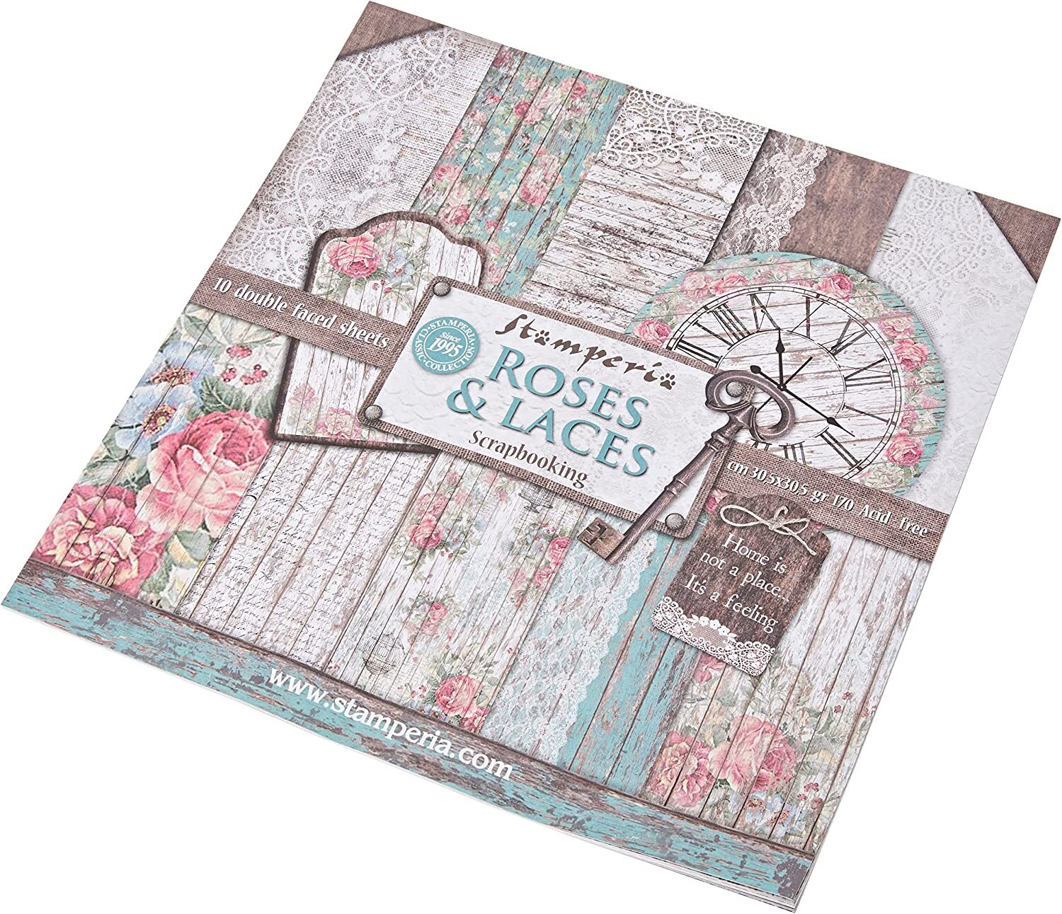 Stamperia International Pack 10 Sheets Double face-Roses, lace and Wood, 12"