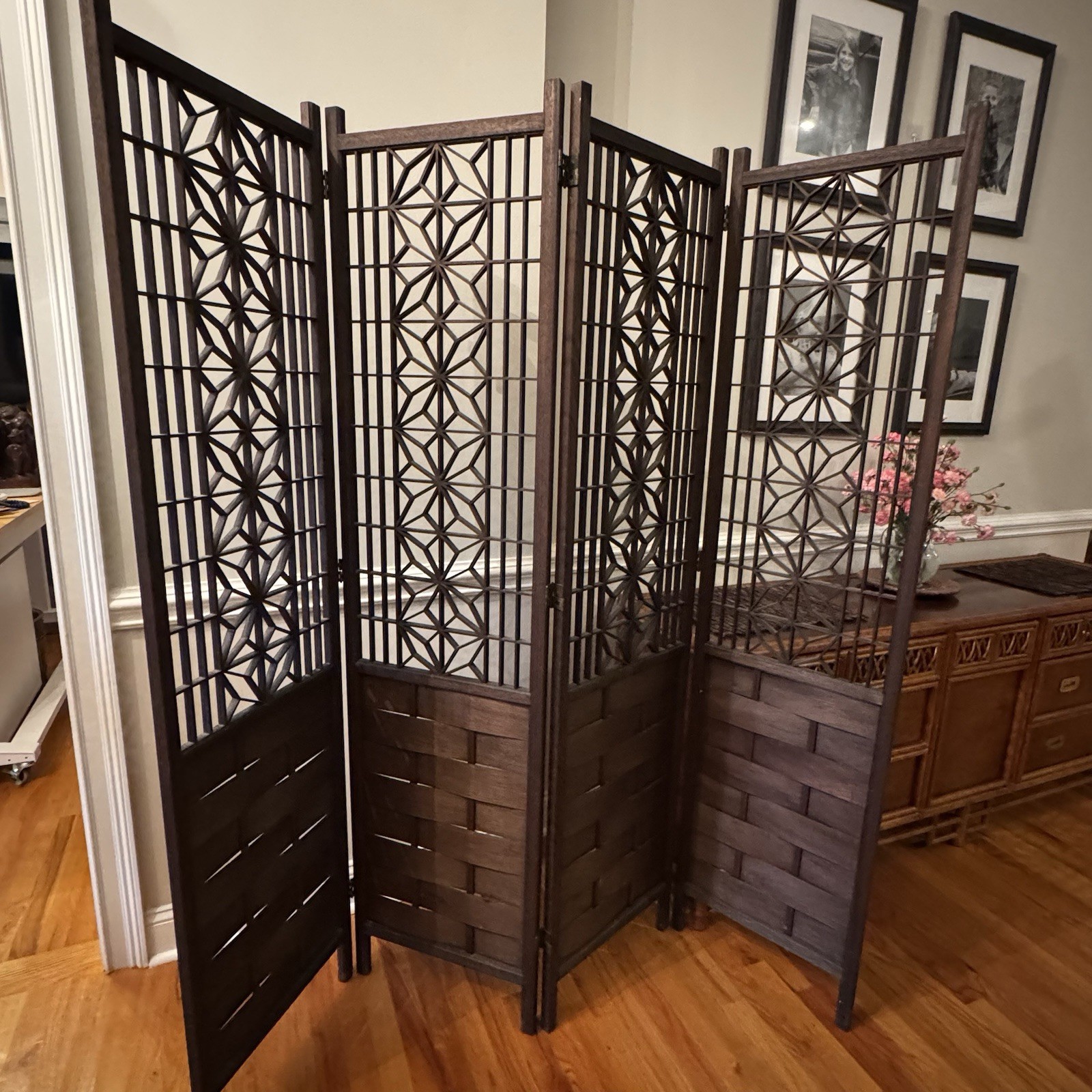 Japanese Mid Century Teak Shoji 4 Panel Folding Room Divider Screen 1960s