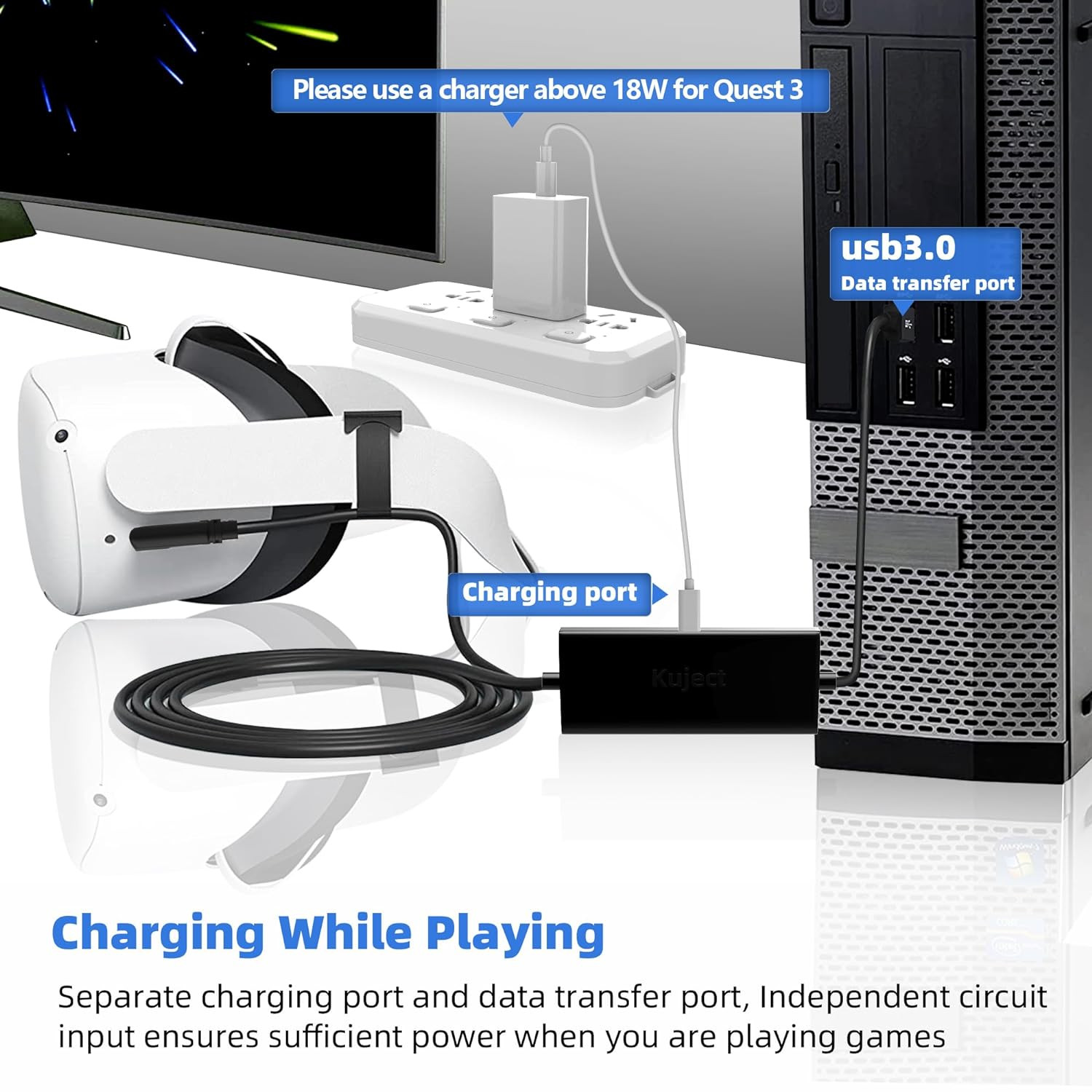 Design 16FT Link Cable for Quest 3S/3, Quest 2, Quest Pro, with Separate Char...