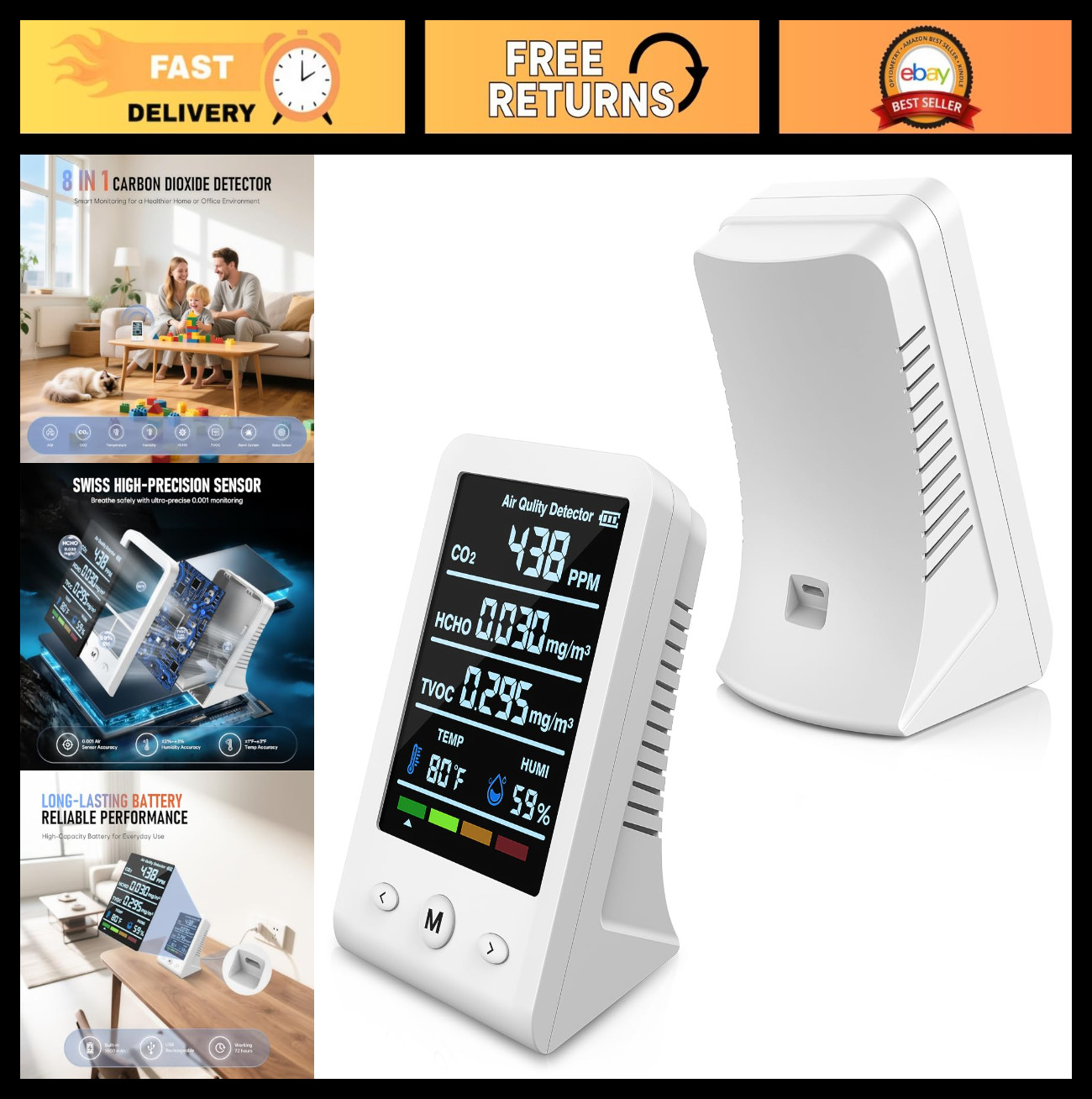 8-in-1 Indoor Air Quality Monitor - CO2, Temp, Humidity, HCHO, TVOC Tester for H