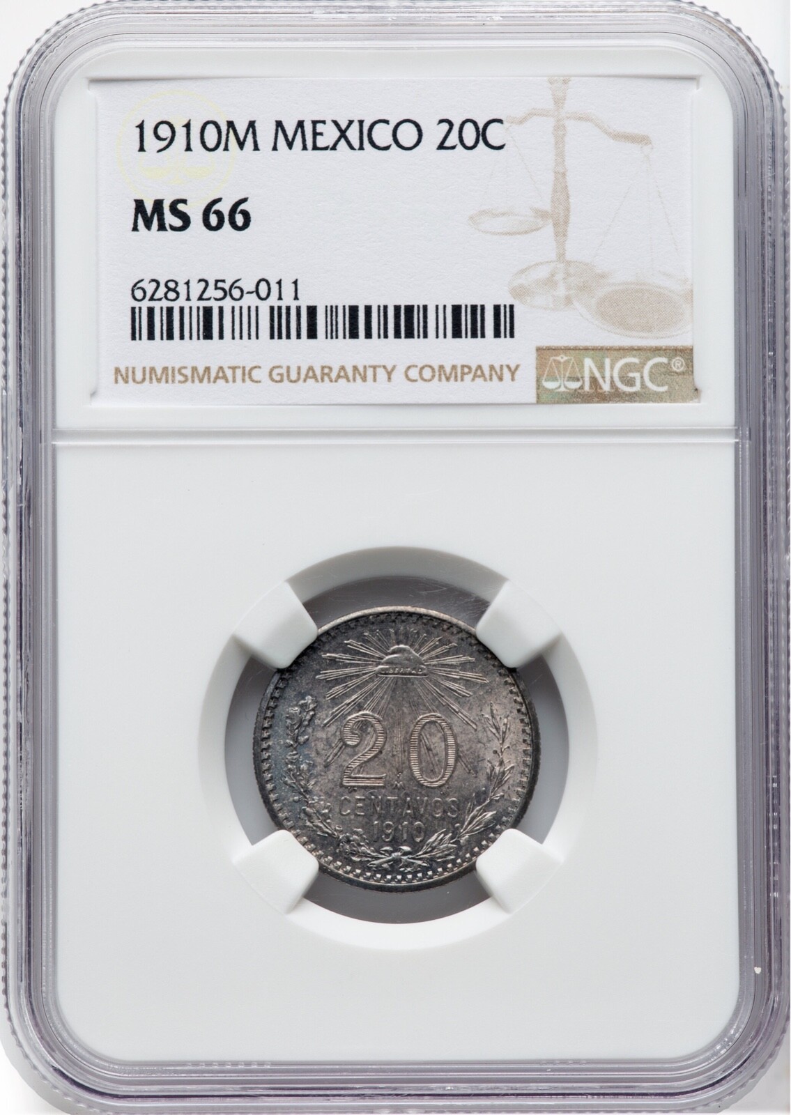 MEXICO ESTADOS UNIDOS 1910 20 CENTAVOS COIN, NGC CERTIFIED GEM UNCIRCULATED MS66