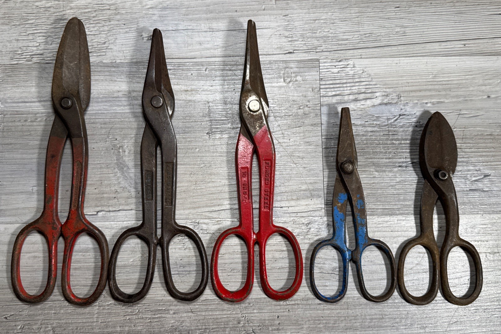 Lot (5) Vintage Tin Snips Sheet Metal Shears Heavy Duty Steel Blue Bird Lakeside