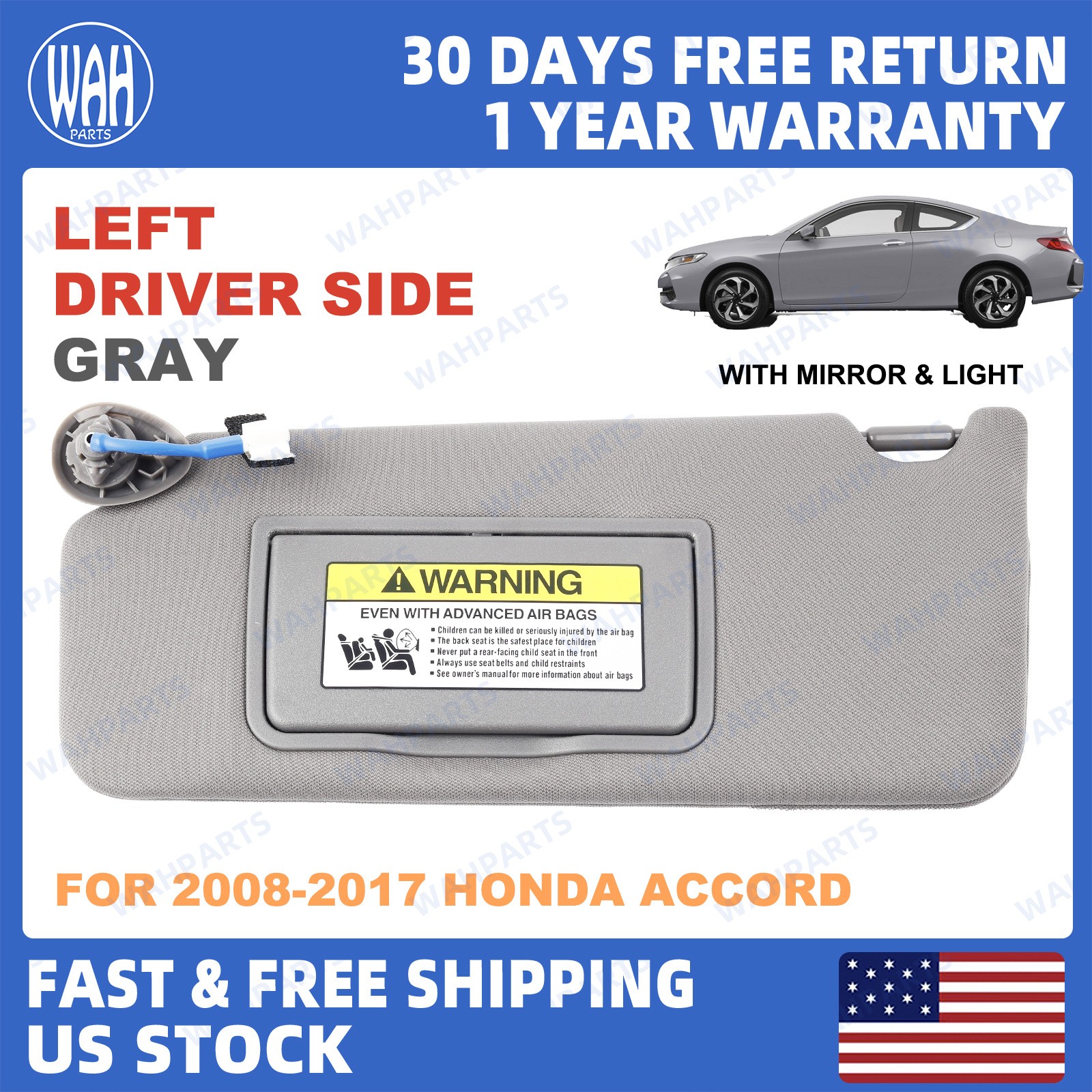 For 2008-2017 Honda Accord Gray Left Driver Side Sun Visor w/ Light & Mirror