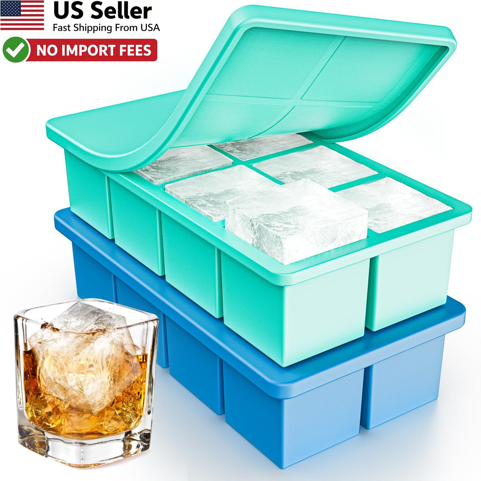 Lxndaser 2 Pack Large Silicone Ice Cube Tray Big 2" Square Molds w/ Lid FROM USA