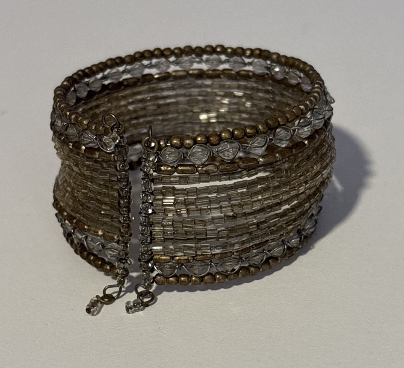 Beautiful Boho Chic Smoky & Brass Like Bead Meshed Memory Cuff Bracelet
