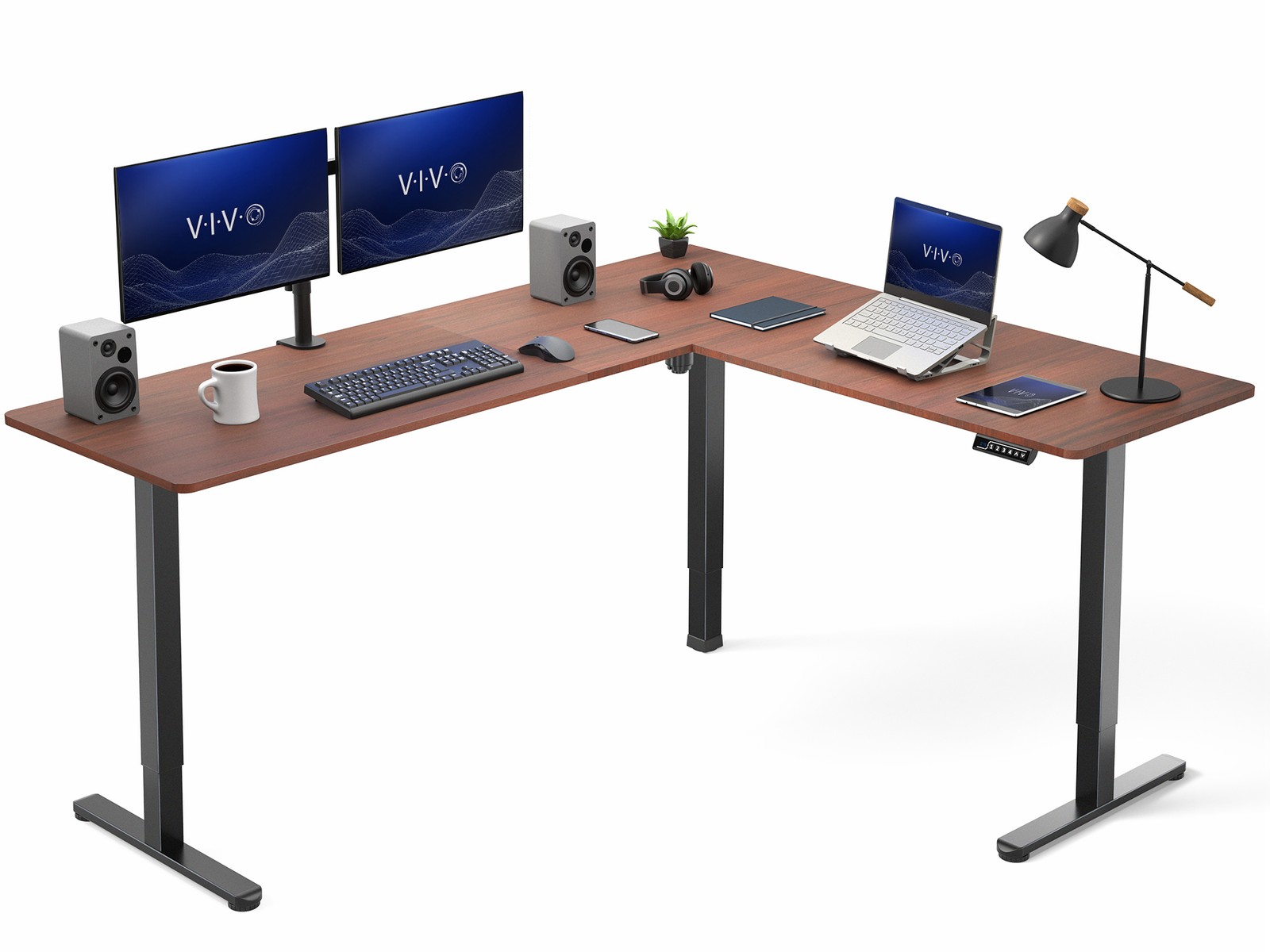 VIVO Dark Walnut / Black Electric 75" x 63" Corner Desk, L-Shaped Workstation