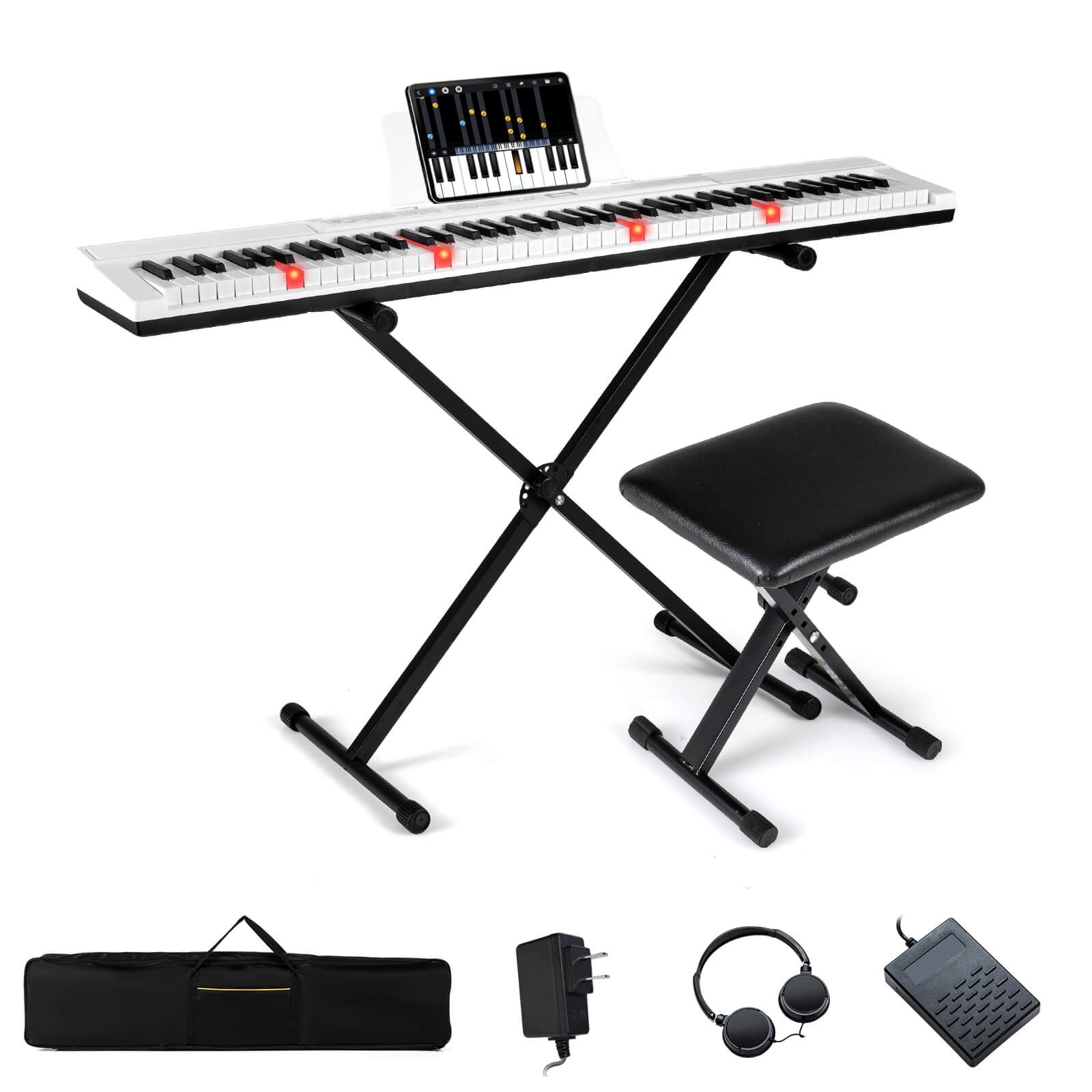 88-Key Electric Piano Keyboard w/Adjustable Stand Stool, Light-up Keys & Buttons