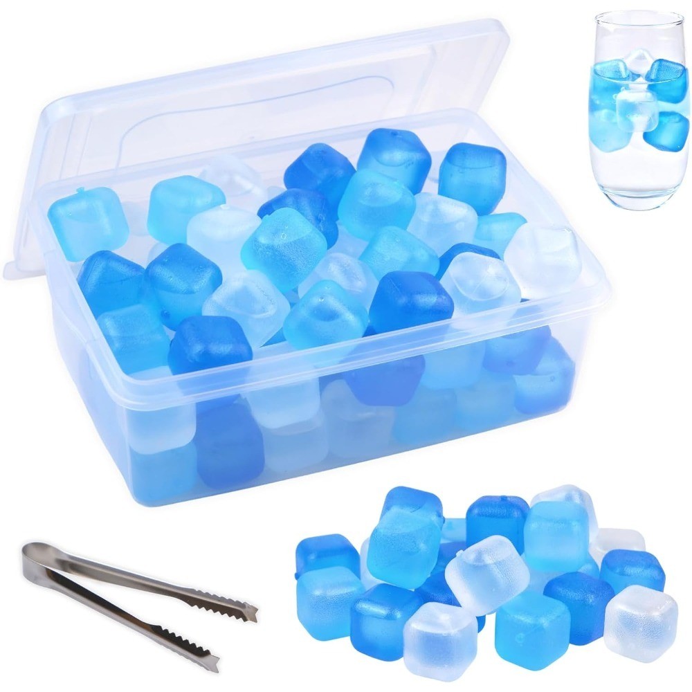 Reusable Plastic Ice Cubes Refreezable 60 Pack with Storage Bin Lid for Drinks