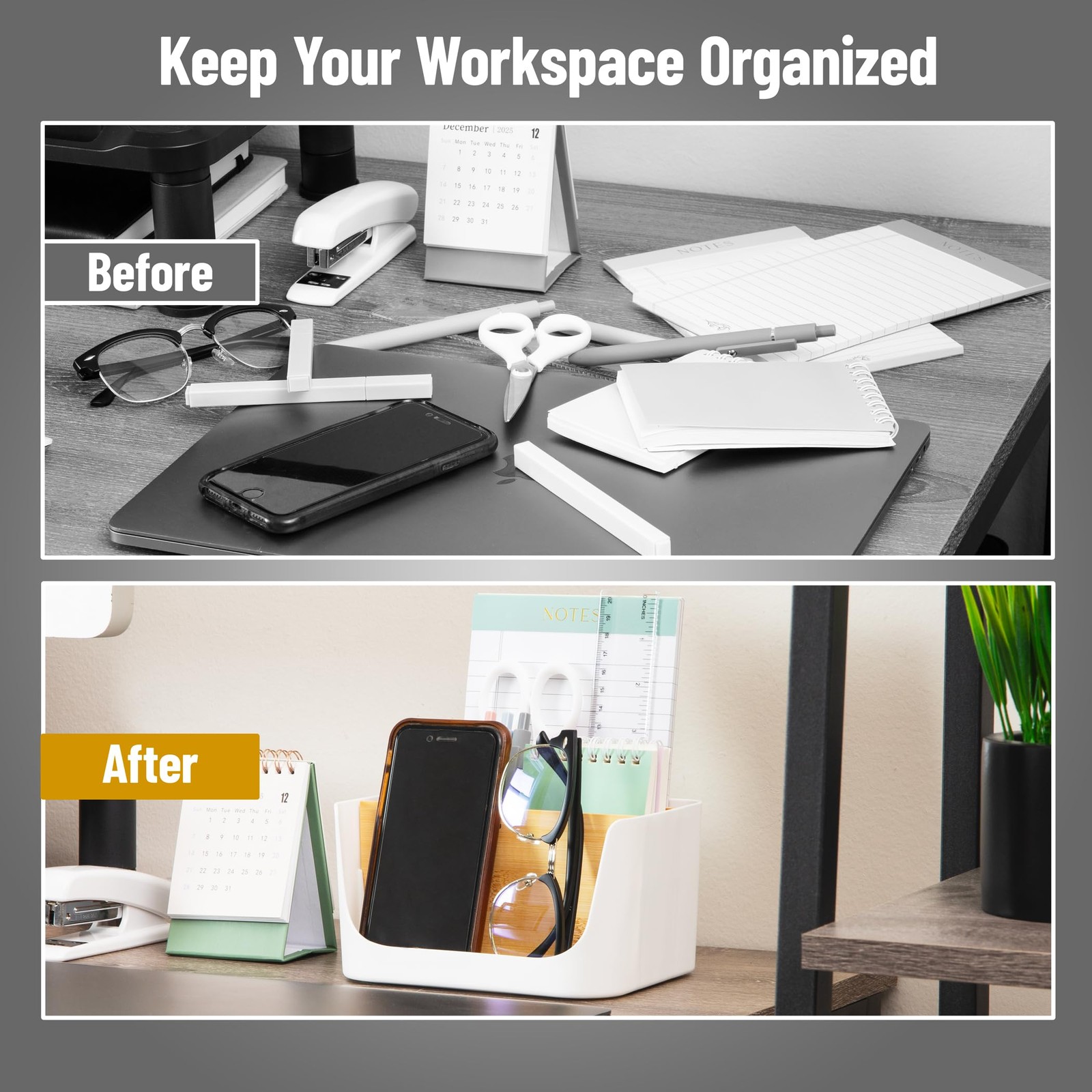 White 5Compartment Desktop Organizer Adjustable Caddy Plastic Wood Storage