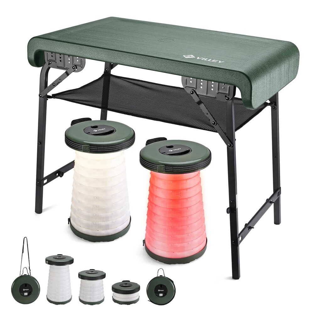 VILLEY Camping Table & Collapsible Stools Set w/2 Portable Stools and Mesh Layer