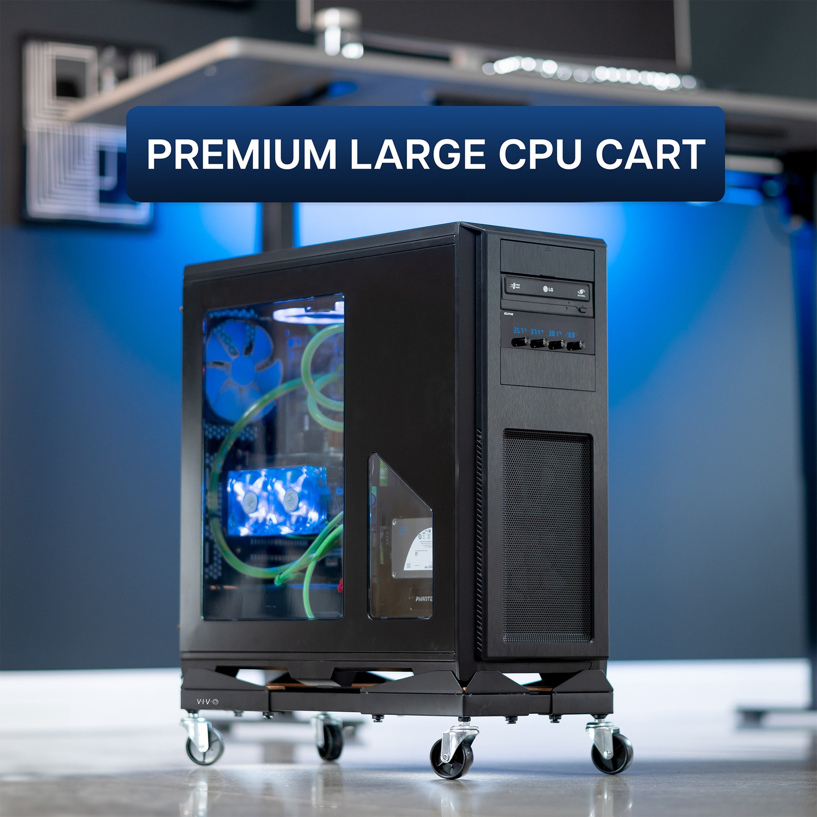 USED VIVO Black Premium Large PC Cart CPU Rolling Adjustable Computer Trolley