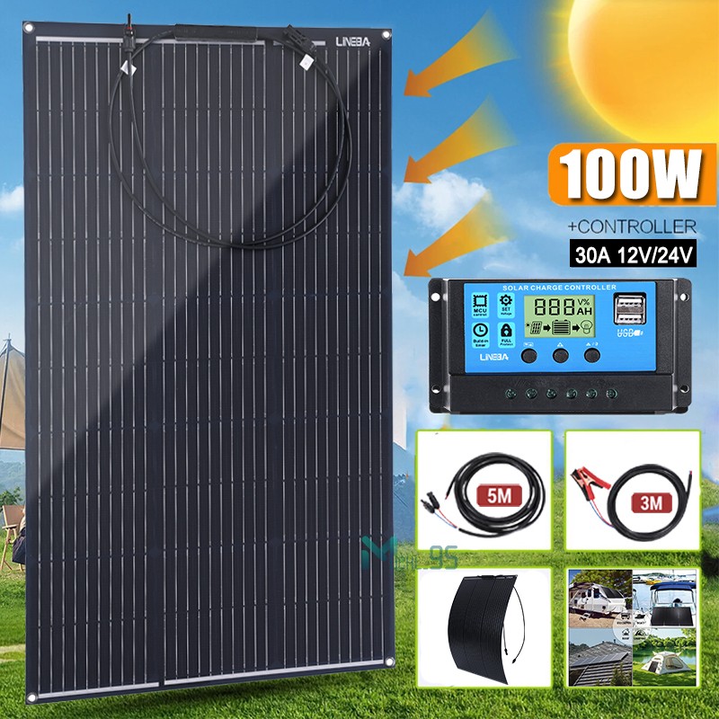 100 Watts Solar Panel Kit 30A 12V Battery Charger w/ Controller Caravan Boat RV
