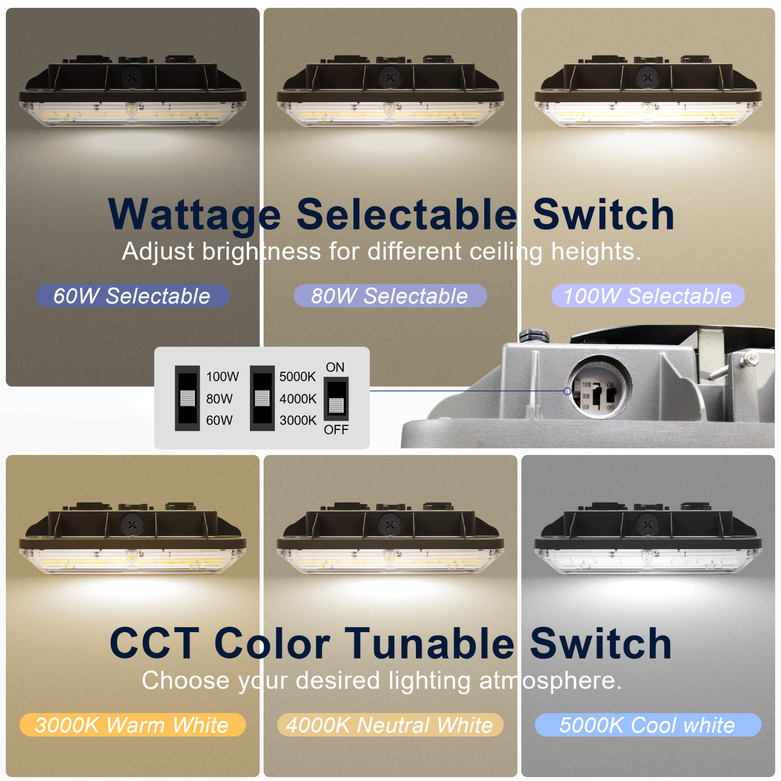 LED Canopy Light 60/80/100W, 3/4/5K Selectable, Carport Ceiling Light